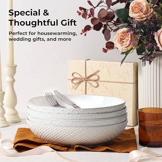 Y YHY Large Pasta Bowls, 45 oz Embossed Salad Bowls for Serving Soup, Noodle, Dessert, Dinner, Kitchen Deep Plates, 9.75" Porcelain Shallow Bowls, Soft White Dishes for House-warming Wedding Present