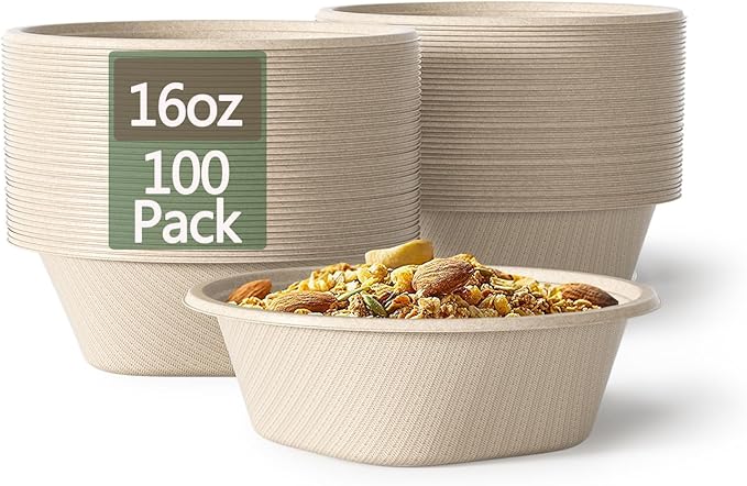 Homestockplus 16 Oz Disposable Paper Bowls - Heavy Duty Small Disposable Bowls - Made from Natural Bagasse for Cereal, Rice, French Fries - Convenient and Compostable [100/Pack]