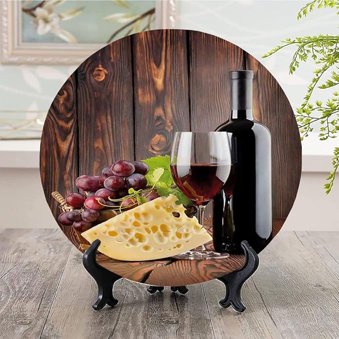 Ceramic Plates, Wine Decorative Ceramic Plates, Red Wine Cabernet Bottle and Glass Cheese and, 8 Inch, Household Plates Decorative, Brown Burgundy Cream