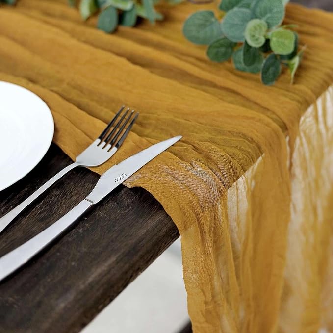 Efavormart 10ft Mustard Yellow Cheesecloth Table Runner - Image 9