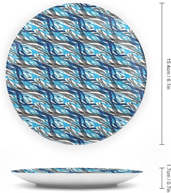 Ceramic Plates, Abstract Decorative Ceramic Plates, Modern Art Stripes Swirls Waves Trippy, 6 Inch, for Dining, Parties, Wedding, Grey Blue White
