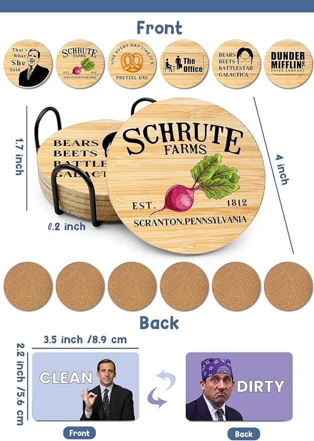 The Office TV Show Merchandise,6 PCS Cork Coasters for Drinks,Funny Set with Coasters Holder,The Office TV Fans Clean Dirty Dishwasher Magnet,Refrigerator Sign Kitchen Decor Gifts