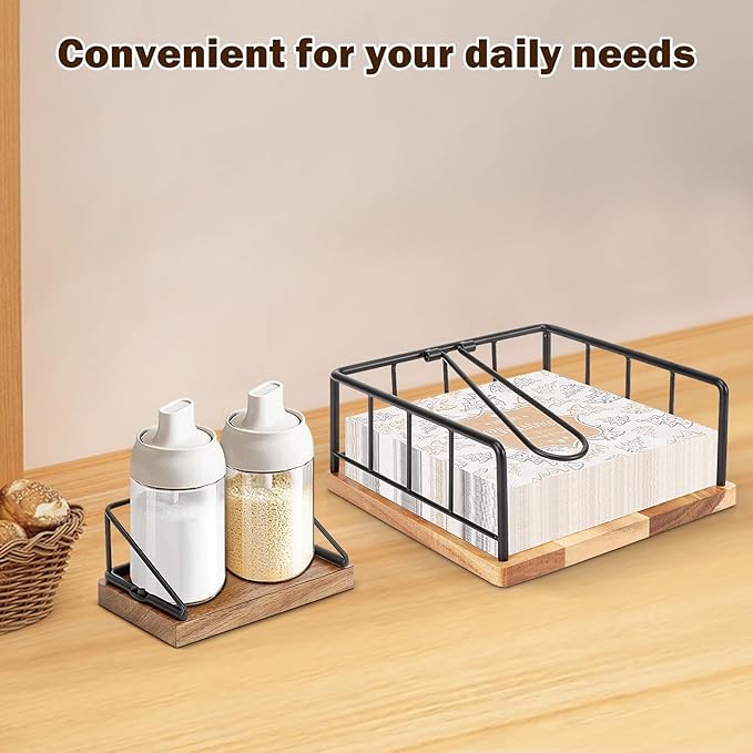 Livabber Flat Napkin Holder, Metal Kitchen Napkin Storage with Weighted Tension Arm Rustic Tissue Paper Dispenser for Countertop, Table Kitchen, Dining Room (with Wooden Base, Black Napkin Holder Set)
