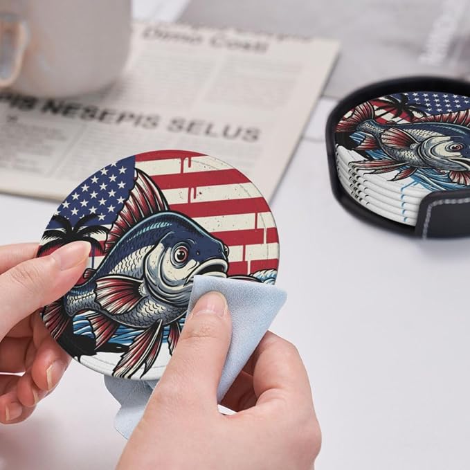Patriotic Us Flag Fish Leather Coasters Set of 6 - Image 6