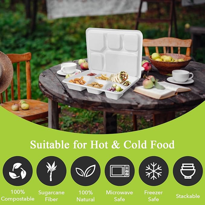 three leaf 5 COMPARTMENT MEAL TRAY WITH LID SET, 25 SETS. Heavy-Duty- Super Strong- Natural- Eco-Friendly Disposable Bagasse Plates with lid, 100% Biodegradable Plates