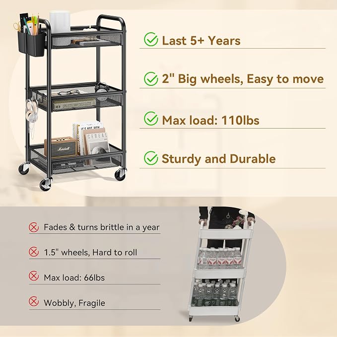 3 Tier Metal Rolling Cart, Art Workspace, Bedside Storage - Image 3