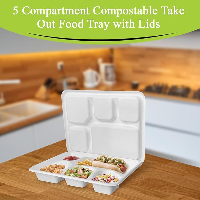 three leaf 5 COMPARTMENT MEAL TRAY WITH LID SET, 200 SETS. Heavy-Duty- Super Strong- Natural- Eco-Friendly Disposable Bagasse Tray with Lid, 100% Biodegradable Plates
