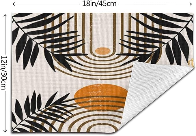 Vintage Mid Century Boho Placemats for Abstract Sun Bamboo Aesthetic Arch Curve Leaves Geometric Washable Place Mats 12x18Inch for Dining Kitchen Farmhouse Decor 4 PCS