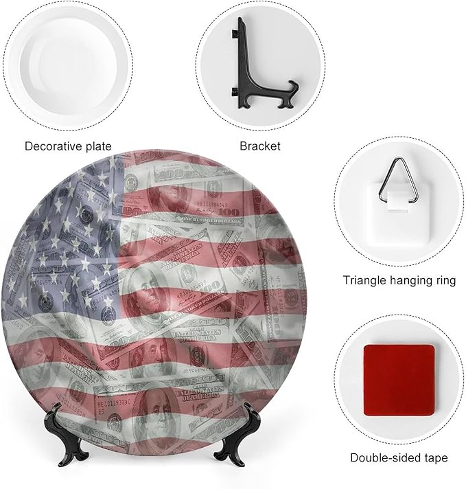 Ceramic Plates, American Flag Decorative Ceramic Plates, Dolar Exchange, 10 Inch, Household Plates Decorative, Multicolor