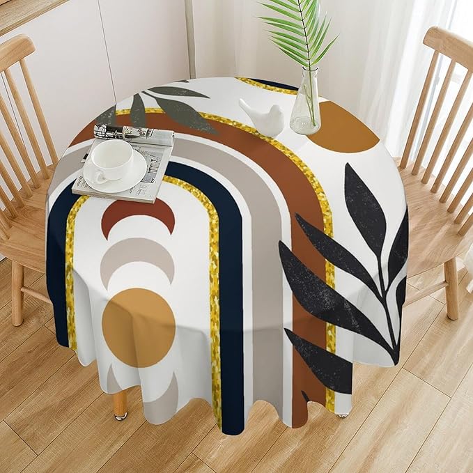 Mid Century Boho Round Tablecloth, Modern Abstract Sun Moon Bohemian Leaves Tablecloth for Home Party Dining Room Kitchen Decor 36Inch(90cm)
