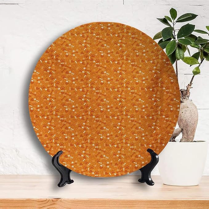 Ceramic Display Plate, Dog Bone Ceramic Hanging Decorative Plate, Pattern with Paw Prints Bones and Hearts Veterinary, 6 Inch, Household Custom Ceramic Plate, Marigold Burnt Orange and White