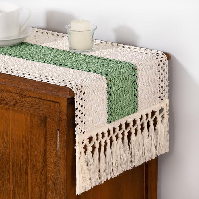 DeZerlor Ivory&Sage Green Boho Macrame Farmhouse Woven Table Runner 48Inch | - Image 4