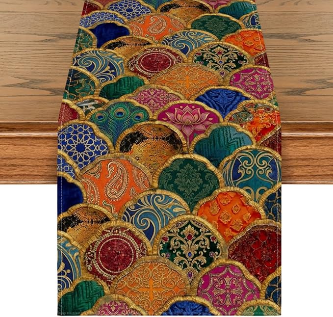 Artoid Mode Wave Shape Peacock Feather Lotus Paisley Table Runner, Seasonal by ArtoidMode