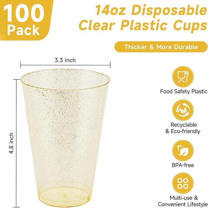 14oz Gold Glitter Plastic Cups, 100pcs Gold Cups Disposable, Elegant Plastic Cocktail Glasses, Fancy Party Cups for Wedding, Birthday, Holiday