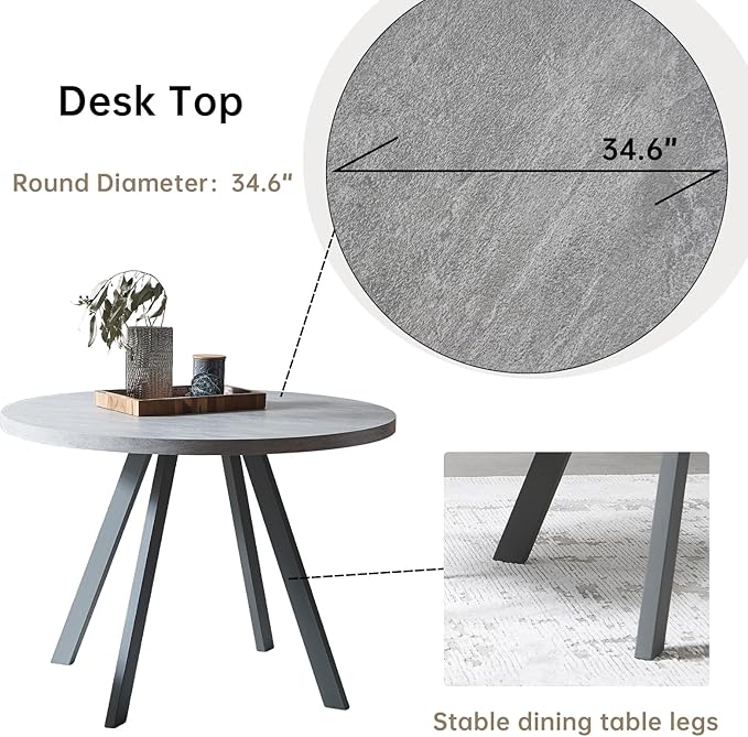 34.6'' Round Dining Table and Chairs for 2, Space Saving Modern Casual Coffee Table Set for Apartment Kitchen Dining Room (Grey Table+2 Balck Chairs)