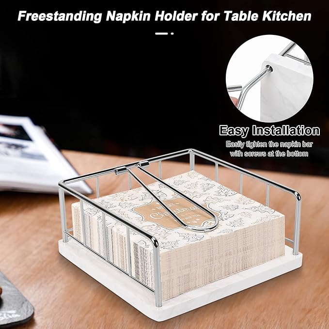 Livabber Flat Napkin Holder, Metal Kitchen Napkin Storage with Weighted Tension Arm Rustic Tissue Paper Dispenser for Countertop, Table Kitchen, Dining Room (With Marble Base, Chrome)