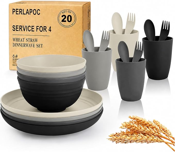 20 PCS Wheat Straw Plates and Bowls Sets, Kids Dishes Dinnerware Sets by Perlapoc