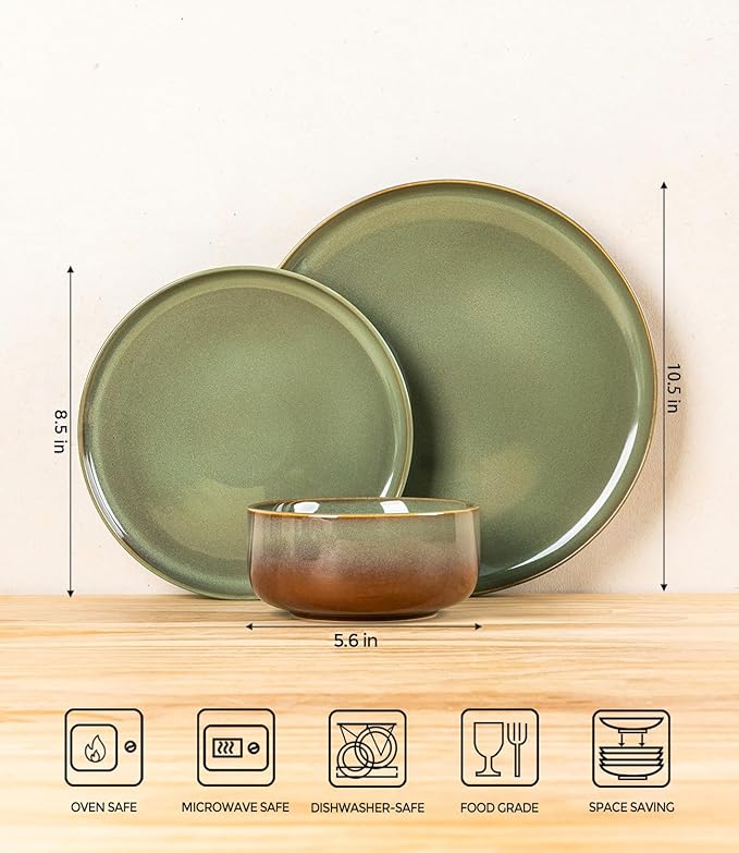 TheTerra Ceramic Dinnerware Sets for 6, 18 Pieces Handmade Reactive Glaze Plates and Bowls Set, Scratch Resistant Dish Set, Oven & Microwave & Dishwasher Safe, Service for 6, Sage Umber