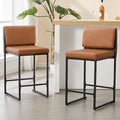 Modern Barstools Set of 2, 26” Upholstered Counter Height Bar Stools PU Leather Fabric Counter Stools with Padded Back Metal Frame for Kitchen Island Dining Room, Brown