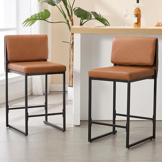 Modern Barstools Set of 2, 26” Upholstered Counter Height Bar Stools PU Leather Fabric Counter Stools with Padded Back Metal Frame for Kitchen Island Dining Room, Brown