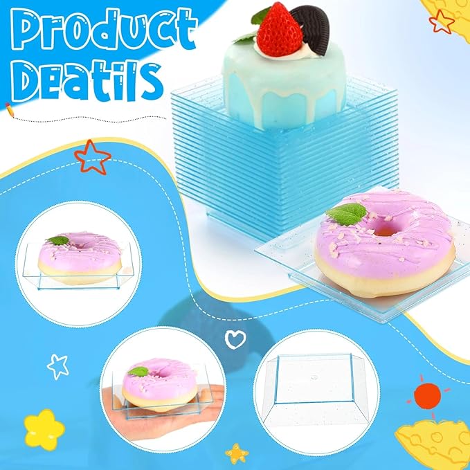 Zhehao 100 Pcs Plastic Dessert Appetizer Plates Disposable, 3.6 x 3.6 Inch Small Square Plastic Dessert Cake Plate for Party, Valentine's Day Wedding Birthday Bridal Baby Shower Supplies (Blue Clear)
