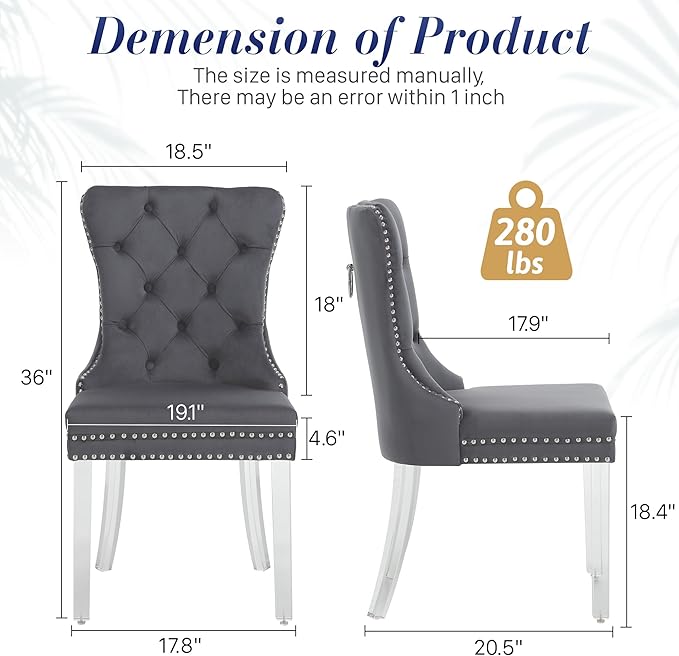 KCC Velvet Dining Chairs Set of 4, Upholstered Tufted Wingback Dining Room Chair with Nailhead Back Ring Pull Trim Solid Acrylic Legs, Contemporary Nikki Collection Style for Kitchen, Grey