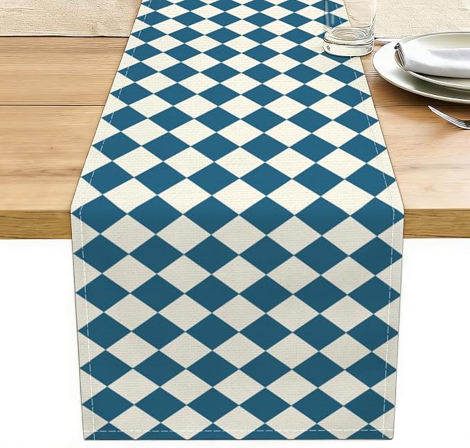Blue White Diamond Table Runner, Tea Themed Party Decoration | Long Checkered by Unknown