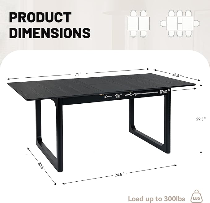 HNY Extendable Wood Dining Table for 4-8, 71" Inch Modern Rectangular Kitchen Tables with Wooden Base Farmhouse Dinner Table for Dining Room, Living Room, Home, Black