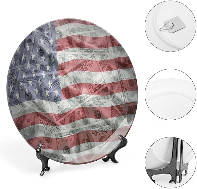 Ceramic Plates, American Flag Decorative Ceramic Plates, Dolar Exchange, 10 Inch, Household Plates Decorative, Multicolor
