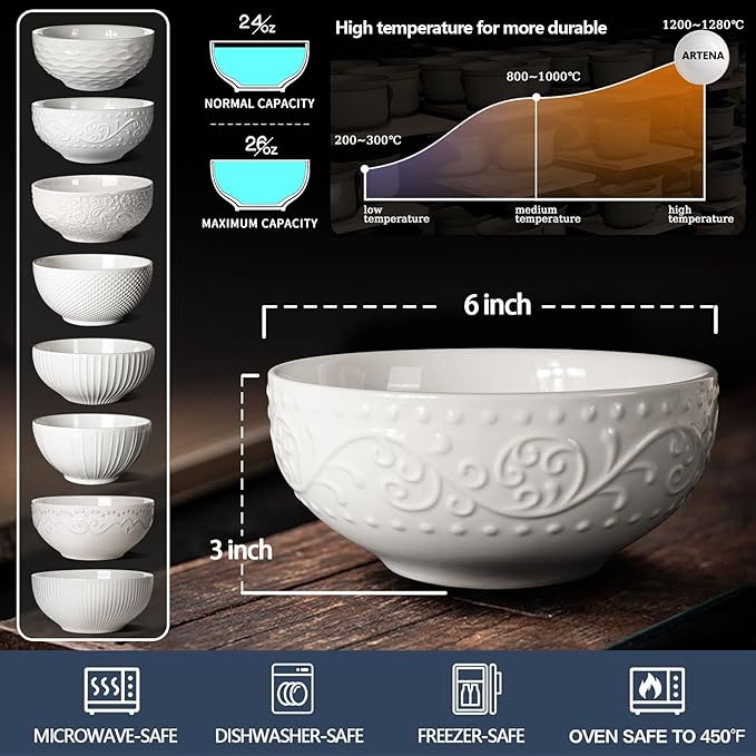 Artena Cereal Bowls 26 OZ, Ceramic Soup Bowls For Kitchen, Embossment Bowls For Rice Pasta Salad, White Bowls For Breakfast Lunch Dinner, 6 Inch, Set Of 6, Dishwasher & Microwave Safe, Lianas