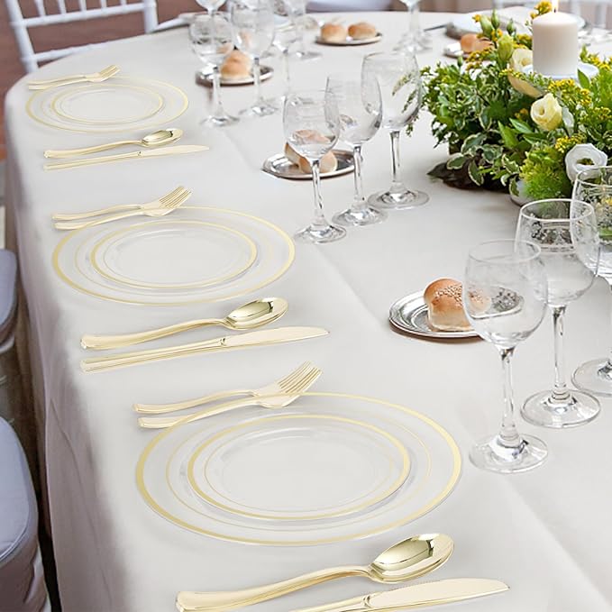 BESTVIP 300PCS Clear Gold Plastic Plate Set (50 Guests), Disposable Dinnerware Set for Party, Wedding, Birthday - 100 Plates, 100 Forks, 50 Spoons, 50 Knives for Christmas