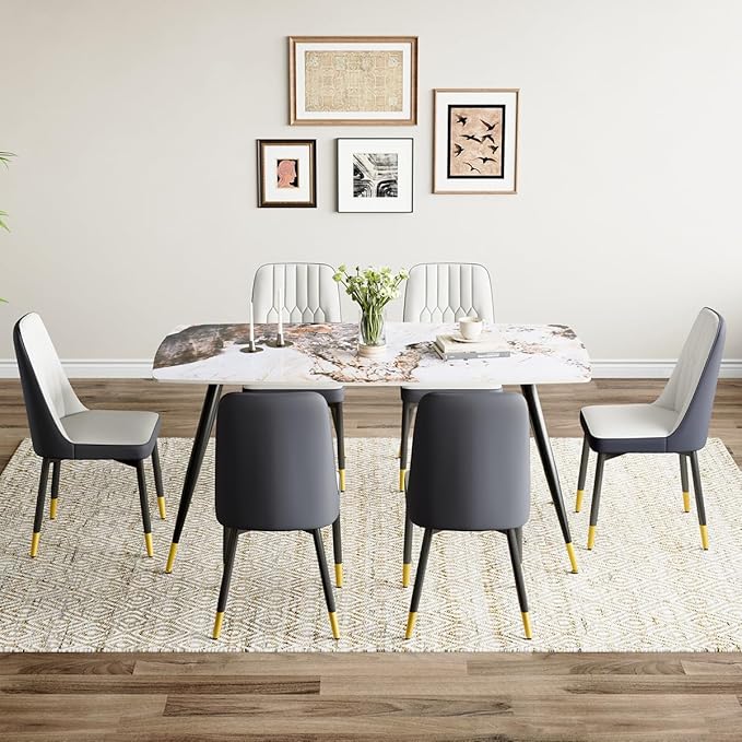 6 Chair Dining Table Set,6 Person Dining Table Set, Sintered Stone Kitchen Table Top and Modern Chairs Set of 6 for Kitchen Dining Room