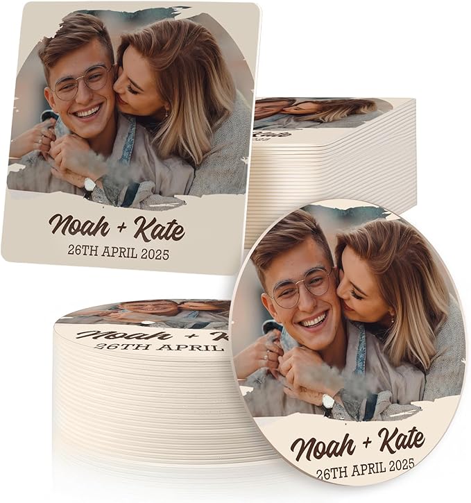 100 Pack Personalized Wedding Coasters, Custom Cardboard Coasters for Drinks with Photo Print and Text, Keepsake Wedding Favors and Gifts for Couples, 3.95" Round (Design 6)