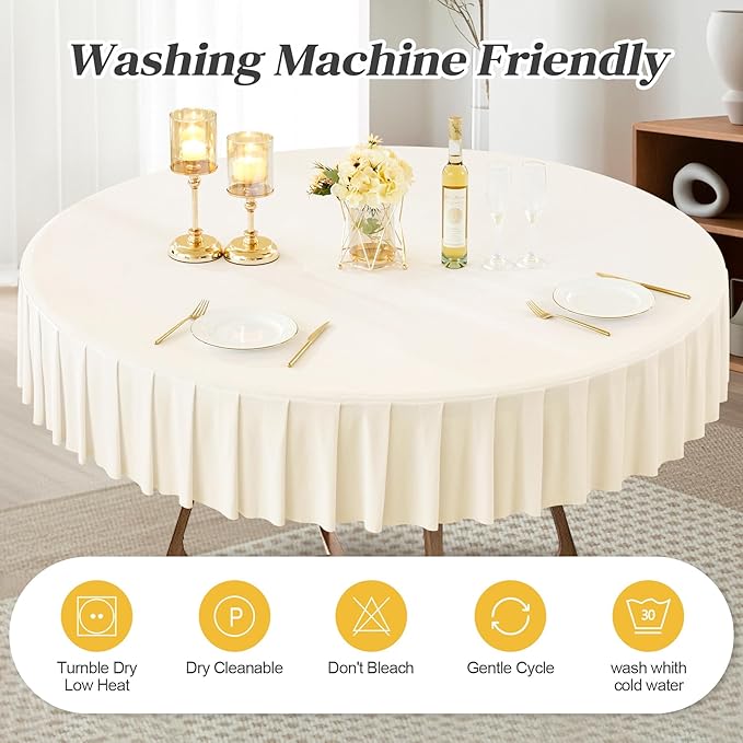 8 Pack Ivory Spandex Round Tablecloths for 60 inch Tables, Stretchy Fitted 5FT Round Table Cloths with Skirt for Wedding Party Dining Banquet