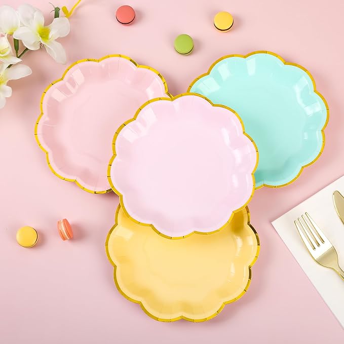 24 Pcs Pastel Scalloped Paper Plates 7 Inch Disposable Macaron Colorful Dessert Plates with Gold Edge Gradient Rainbow Party Supplies for Wedding Birthday Baby Shower Bridal Summer Decorations