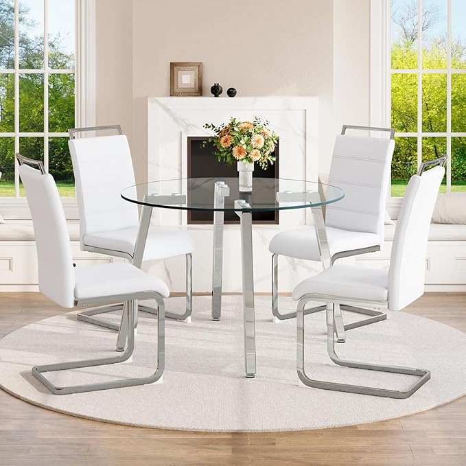 42" Round Glass Dining Table Set for 4,Modern Breakfast Table Set for 4 with Silver Chrome Legs,Space Saving Kitchen Table and White Chairs for Apartment,Easy Assembly