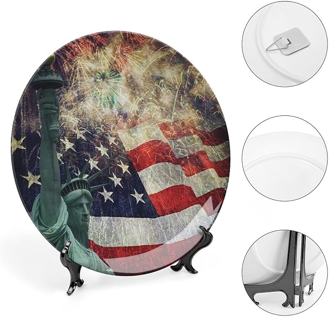Ceramic Plates, American Flag Decorative Ceramic Plates, Fireworks 4th of July, 8 Inch, for Dining, Parties, Wedding, Multicolor