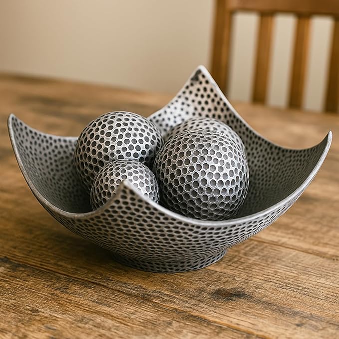 Seraphic 5pc Bowl Table Centerpieces for Dining Room, Large Decorative Bowls for Coffee Table Decor, Kitchen, Orbs/Balls Included, Silver
