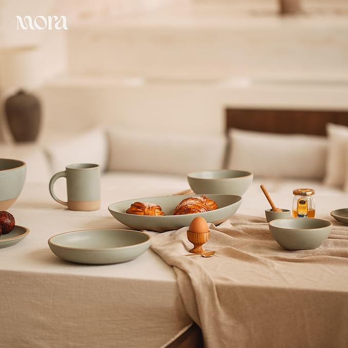 MORA Jumbo and Large Serving Dishes Set of 2, 13 inch and 12 inch Ceramic Pottery Oval Platters - Microwave, Oven and Dishwasher Safe - Thyme & Mushroom