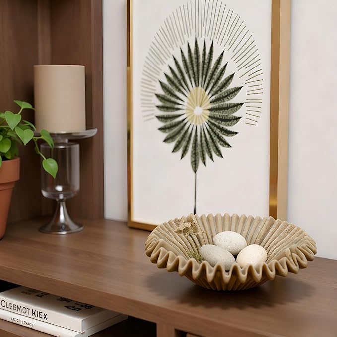 Large Decorative Bowl decor, Scalloped Pedestal Bowls for Modern Home Decor,Ruffle Decor,Stylish Key Bowl for Entry Table,Decorative Fruit Bowl for Kitchen Counter,Artificial Stone Beige