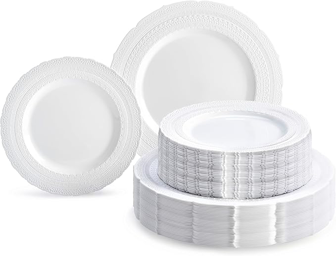 " OCCASIONS " 120 Plates Pack,(60 Guests) Extra Heavyweight Vintage Wedding Disposable/Reusable Plastic Plates 60 x 11'' Dinner + 60 x 8.25'' Salad/Dessert Plate (Chateau White)