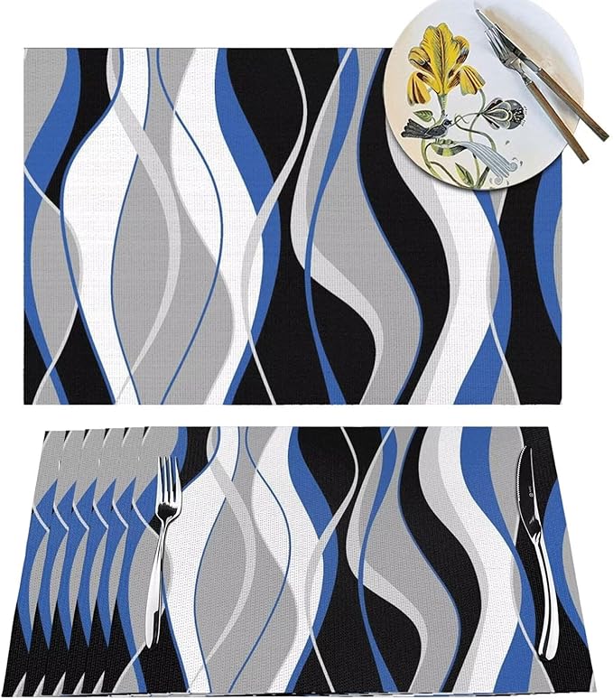 Placemats Set of 4 Black and Blue Place Mats White Grey Striped Modern Abstract Woven Table Mats Washable PVC Placemat for Dining Kitchen Decor Indoor Outdoor, 12 x 18 Inch