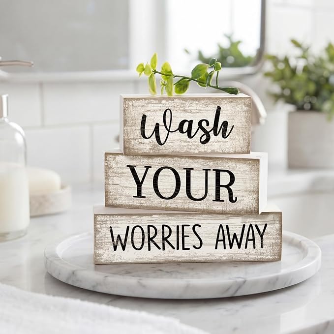 Moucuny 4 Pcs Farmhouse Laundry Room Decor Stacked Blocks Wash Your Worries - Image 2