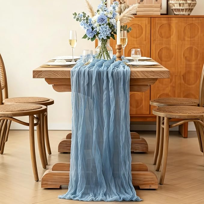 Dust Blue Cheesecloth Table Runner, 10FT Rustic Blue Boho Gauze Table Runner - Image 5