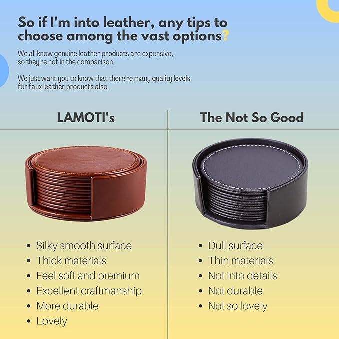 LAMOTI Leather Coasters for Drinks, 4" Drink Coasters Set of 6 with Holder for Tabletop Protection, Handmade Luxurious Home Décor and Housewarming Gift (Brown)