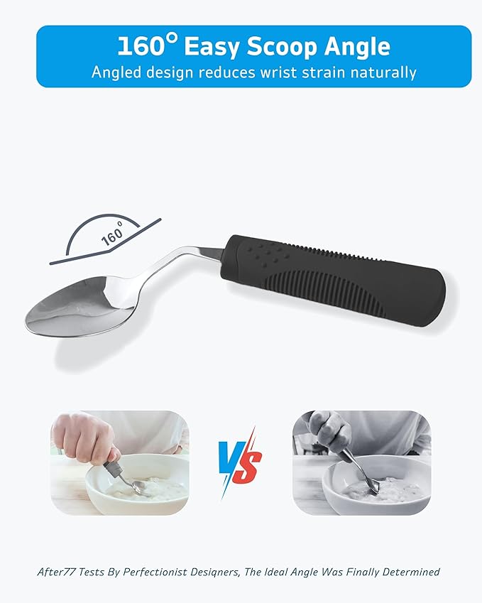 Adaptive Utensils (4-Piece Set) Weighted 7 oz - 42° Angled Utensils for Parkinson's Patients, Hand Tremors, Arthritis & Elderly - Eating Utensils for Elderly (Black: Right Handed)