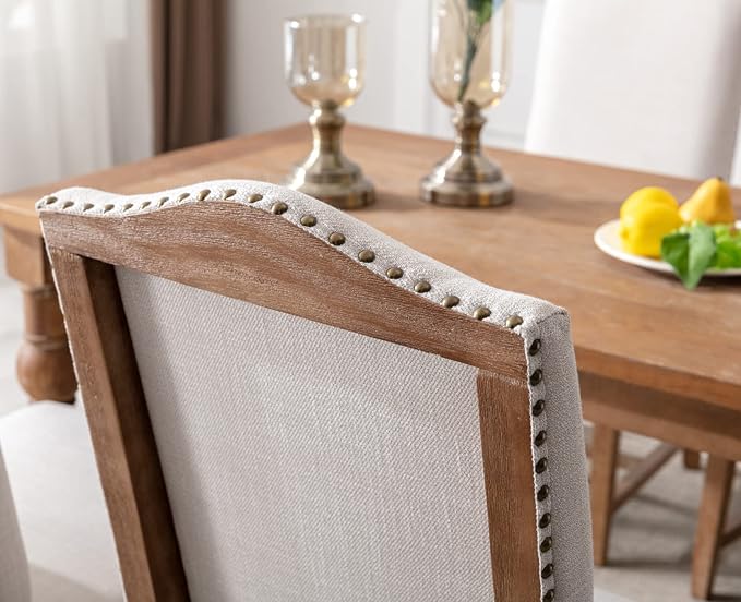 CIMOTA Mid Century Modern Dining Chairs Set of 2, Farmhouse Upholstered Dining Room Chairs Comfortable Kitchen Side Chairs with High Back/Natural Solid Wood Frame, Linen Beige
