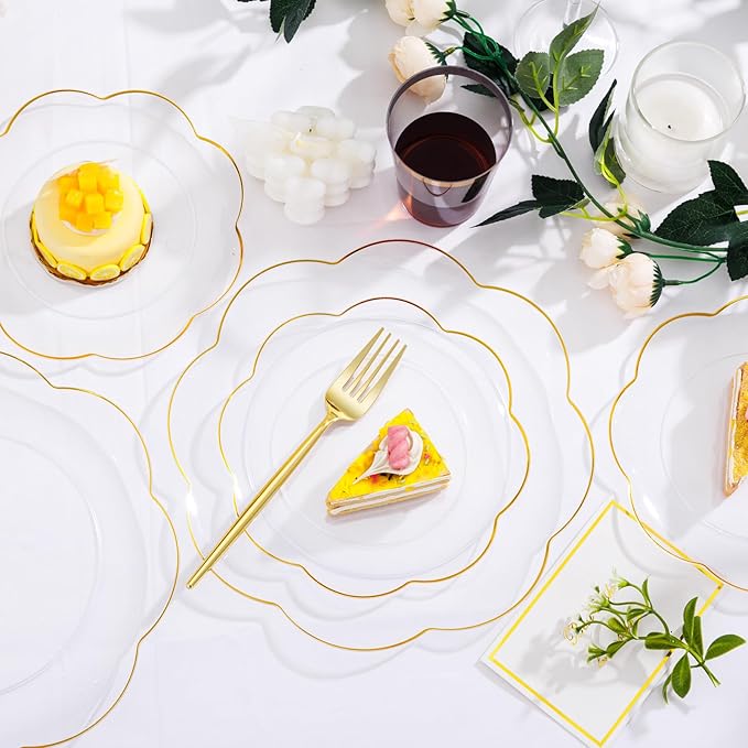EI 180pcs Clear and Gold Plastic Plates with Plastic Silverware,Dinnerware Plate Set for Party,Disposable Plates Heavy Duty Clear Gold Cups for Wedding,Birthday,Spring Afternoon Tea