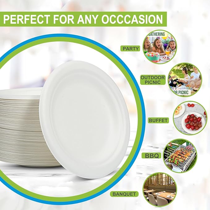 Disposable Plates 100% Compostable Heavy Duty - 9 Inch paper plates bulk for Party, Dinner, Cake, Dessert, Snacks Eco-Friendly White