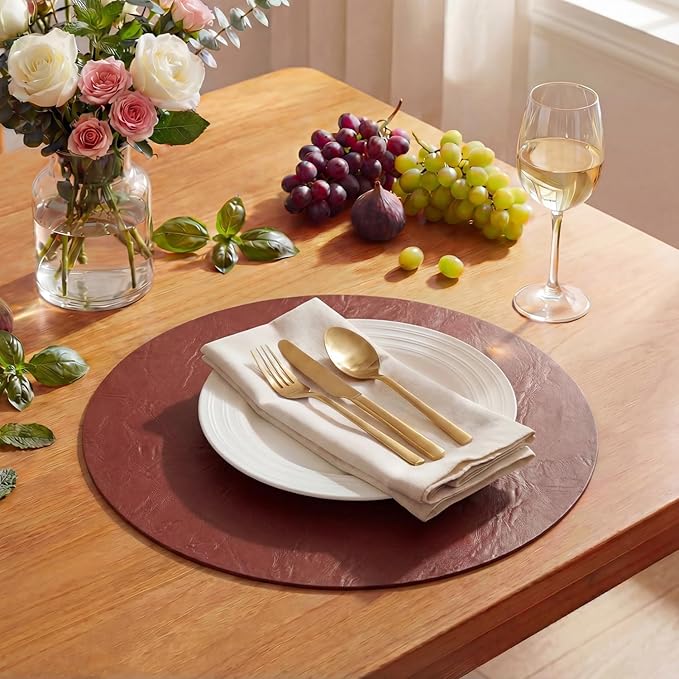 Artoid Mode Red Faux Leather Placemats Set of 6, 15 Inch Waterproof Wipeable Heat Resistant Vinyl Place Mats, Reversible Table Mats for Christmas Kitchen Dining Decor